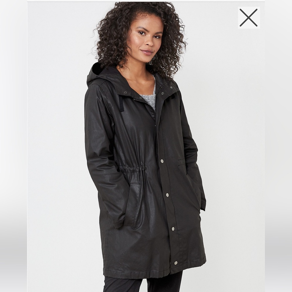 Eileen Fisher Black Waxed Organic Cotton Twill Hooded Coat